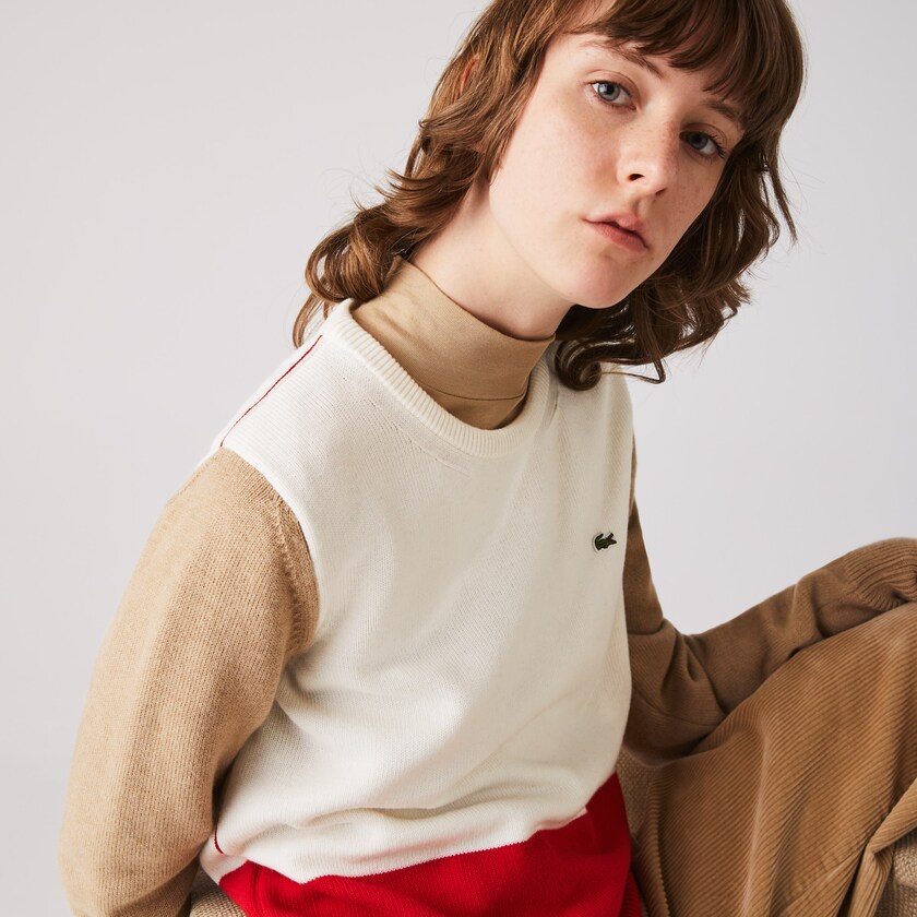 Women's Lacoste Red / White / Beige Sweaters Made in France Crew Neck Colourblock Wool AW4-20592L0