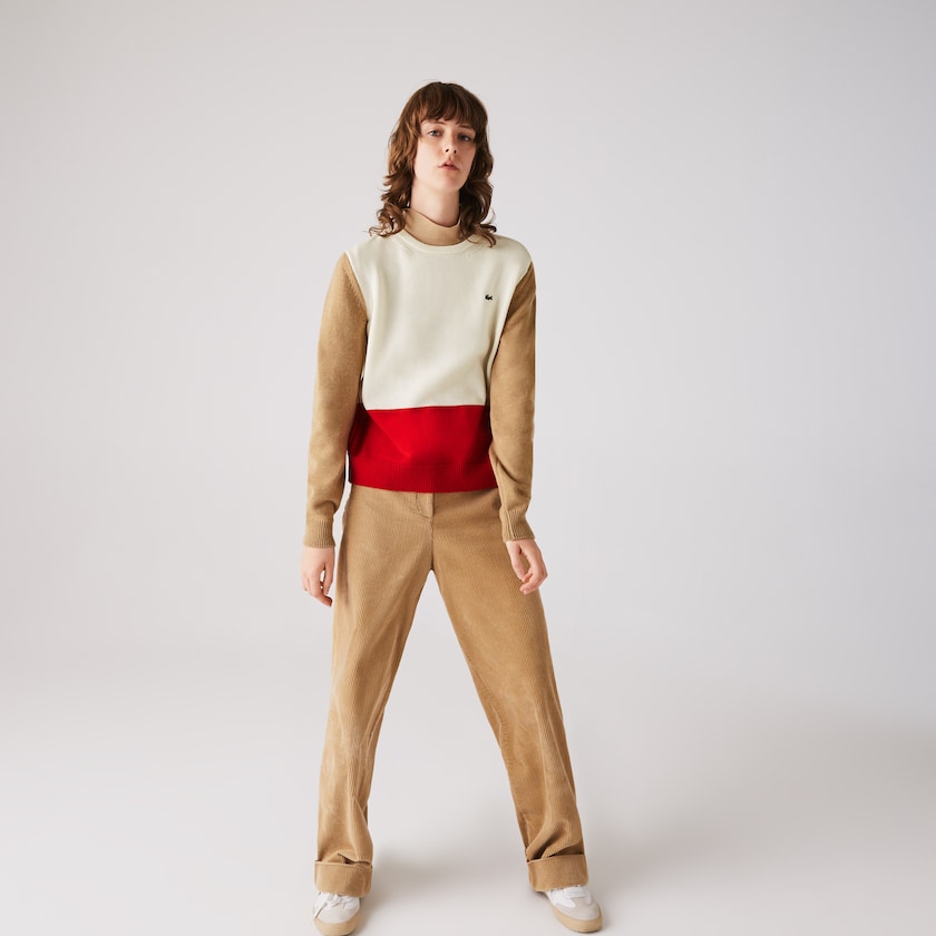 Women's Lacoste Red / White / Beige Sweaters Made in France Crew Neck Colourblock Wool AW4-20592L0