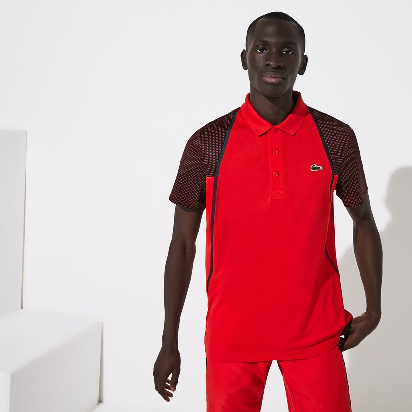 Men's Lacoste Red / White / Black Shirts SPORT Mesh Sleeved Breathable Tennis Polo YE1-08550L6