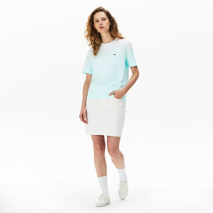 Women's Lacoste Turquoise / Light Green / White T Shirts Made in France Crew Neck Organic Cotton XY4-73957Q8