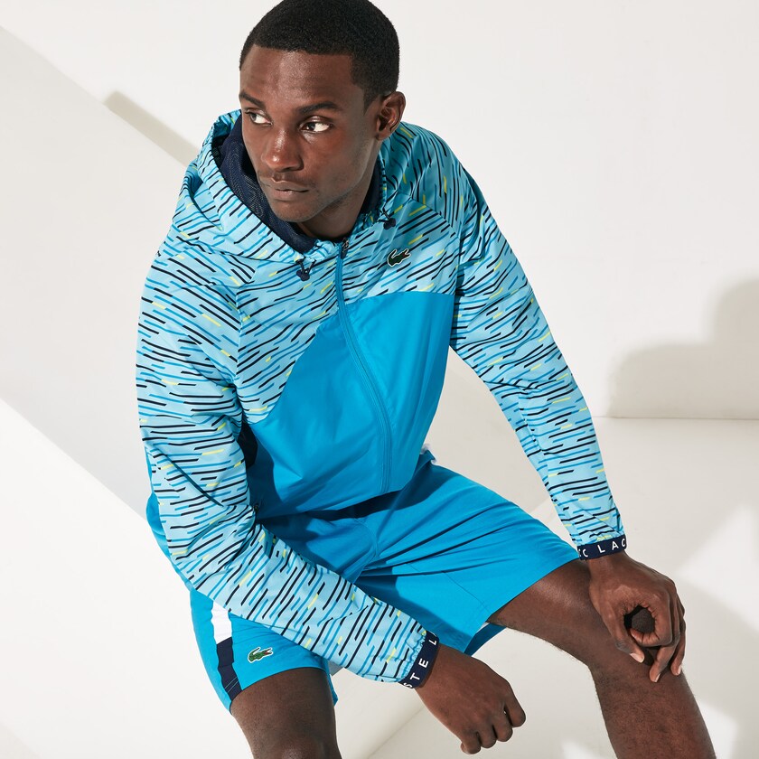 Men's Lacoste Turquoise / Navy Blue / Turquoise / Yellow / White Windbreaker SPORT Hooded Tennis MP5-60666C9