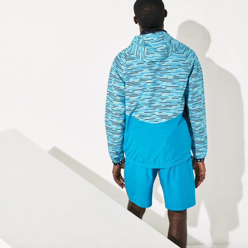 Men's Lacoste Turquoise / Navy Blue / Turquoise / Yellow / White Windbreaker SPORT Hooded Tennis MP5-60666C9