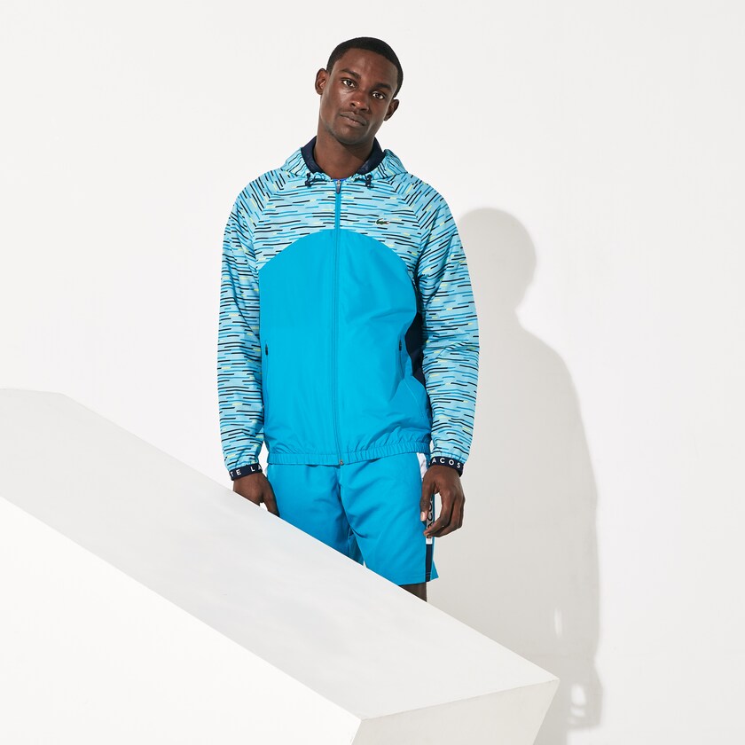 Men's Lacoste Turquoise / Navy Blue / Turquoise / Yellow / White Windbreaker SPORT Hooded Tennis MP5-60666C9