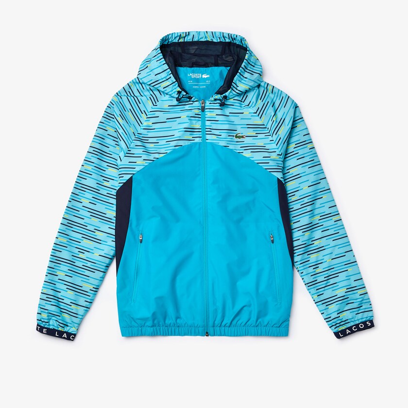 Men's Lacoste Turquoise / Navy Blue / Turquoise / Yellow / White Windbreaker SPORT Hooded Tennis MP5-60666C9