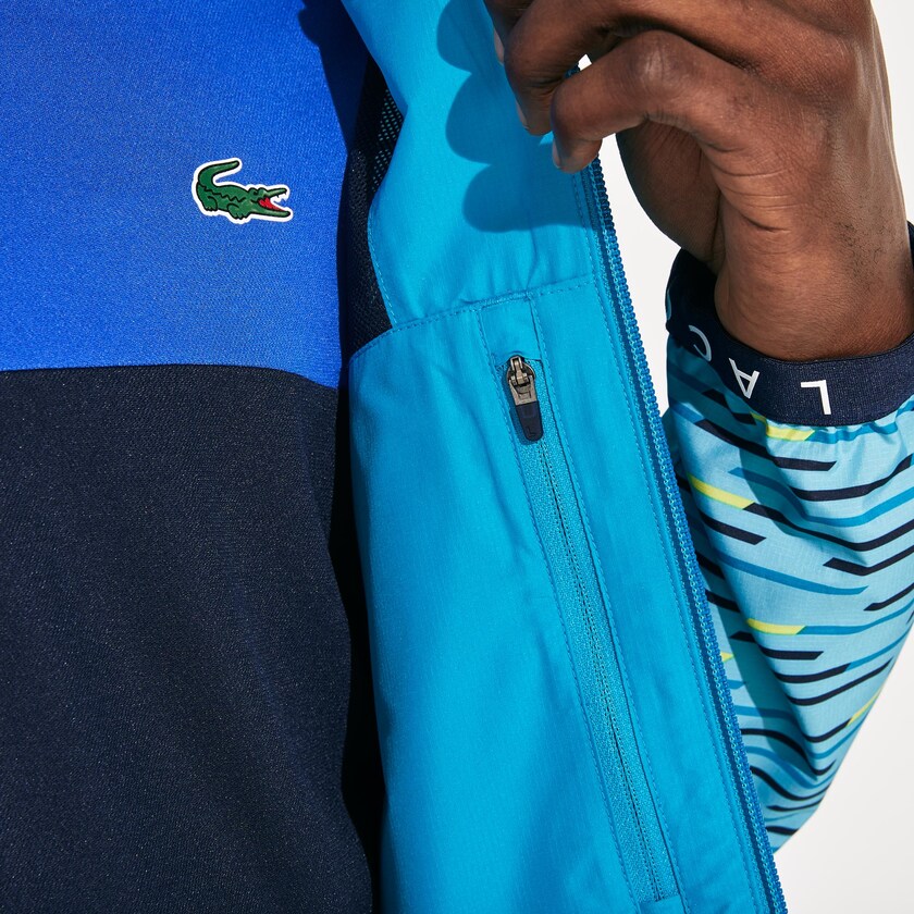 Men's Lacoste Turquoise / Navy Blue / Turquoise / Yellow / White Windbreaker SPORT Hooded Tennis MP5-60666C9