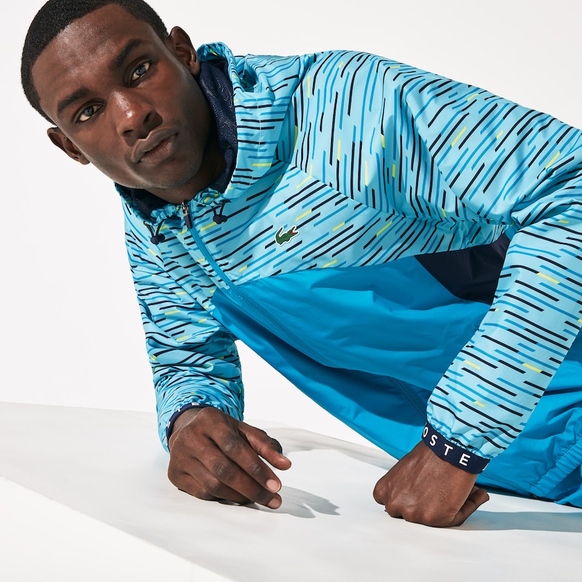 Men's Lacoste Turquoise / Navy Blue / Turquoise / Yellow / White Windbreaker SPORT Hooded Tennis MP5-60666C9