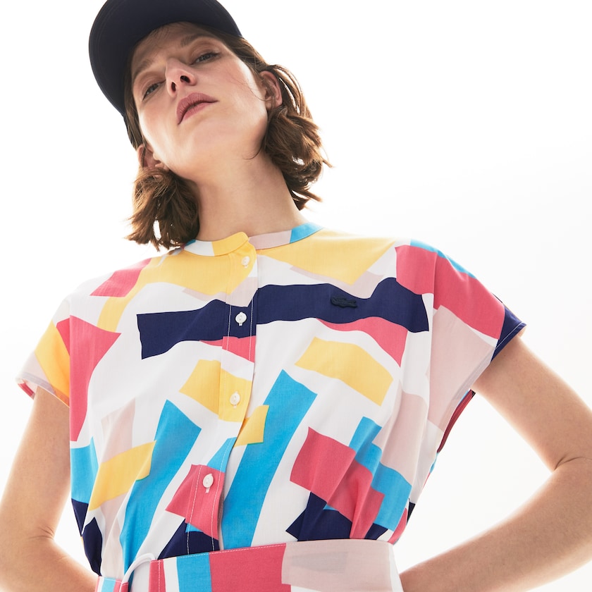 Women's Lacoste White Dress Abstract-Print Shirtdress IT2-33153I2