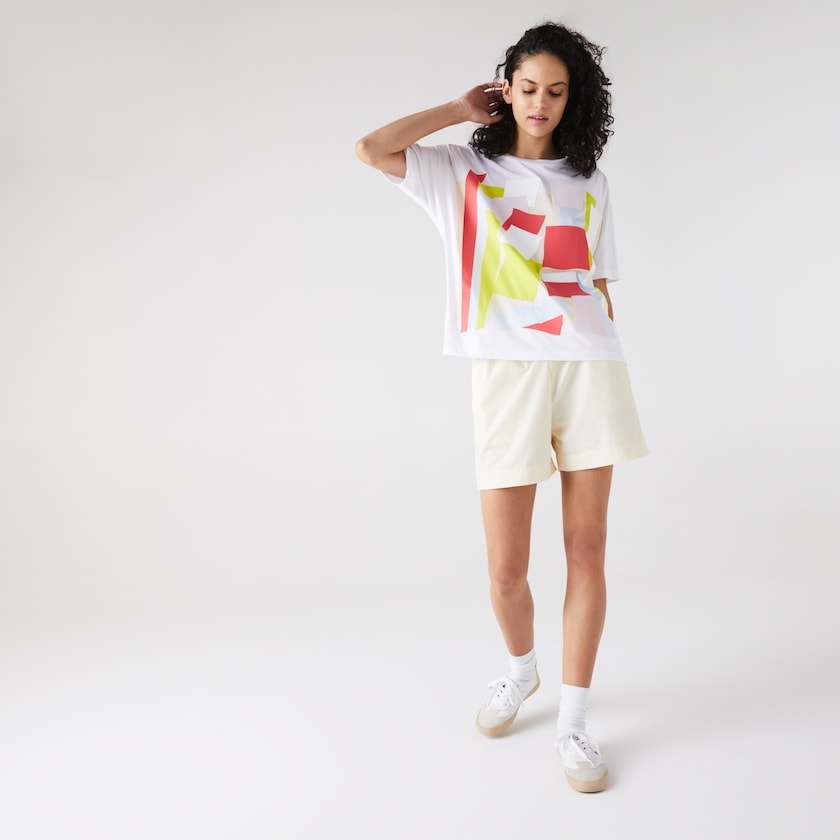 Women's Lacoste White T Shirts Art-Print Cotton OB2-83408A1