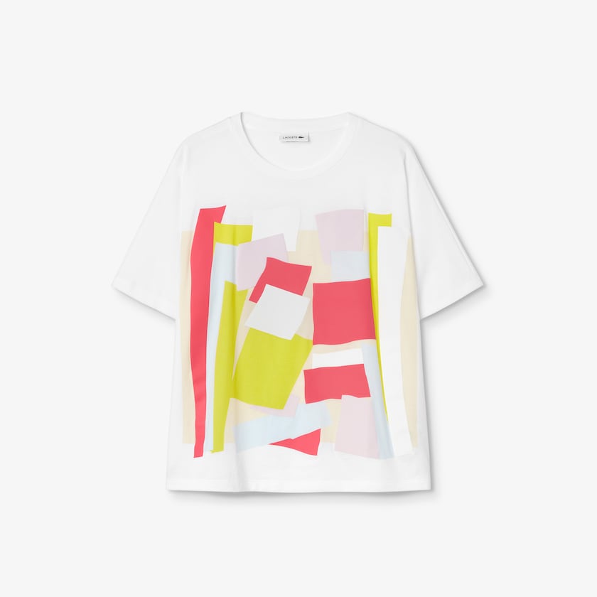 Women's Lacoste White T Shirts Art-Print Cotton OB2-83408A1