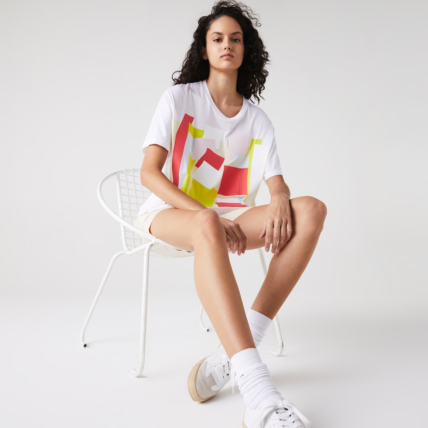 Women's Lacoste White T Shirts Art-Print Cotton OB2-83408A1