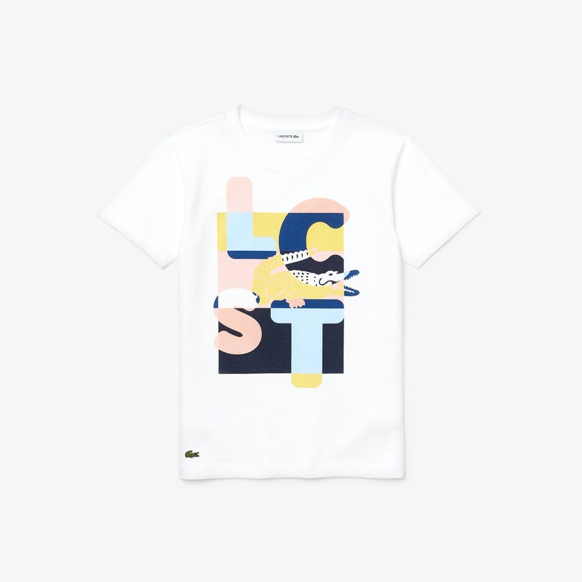 Kids' Lacoste White T Shirts Crew Neck Print Cotton GW3-11061Q1