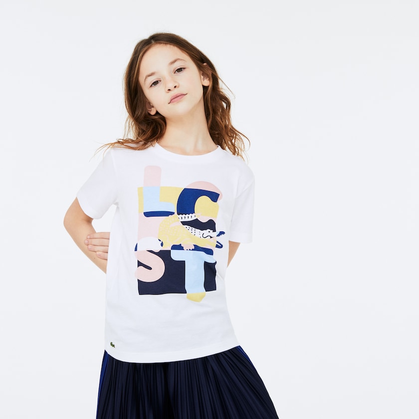 Kids' Lacoste White T Shirts Crew Neck Print Cotton GW3-11061Q1