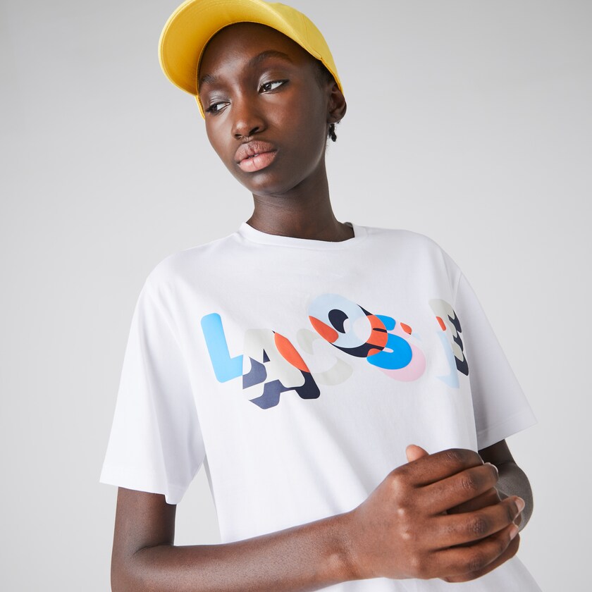 Women's Lacoste White T Shirts Crew Neck Printed Soft Cotton DW3-06830G2