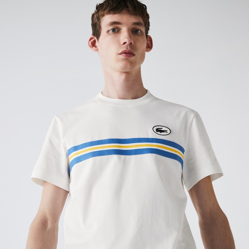 Men's Lacoste White T Shirts Heritage Stripe Cotton CK9-81438P4