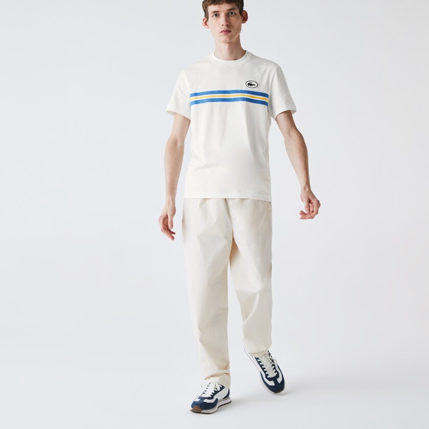 Men's Lacoste White T Shirts Heritage Stripe Cotton CK9-81438P4