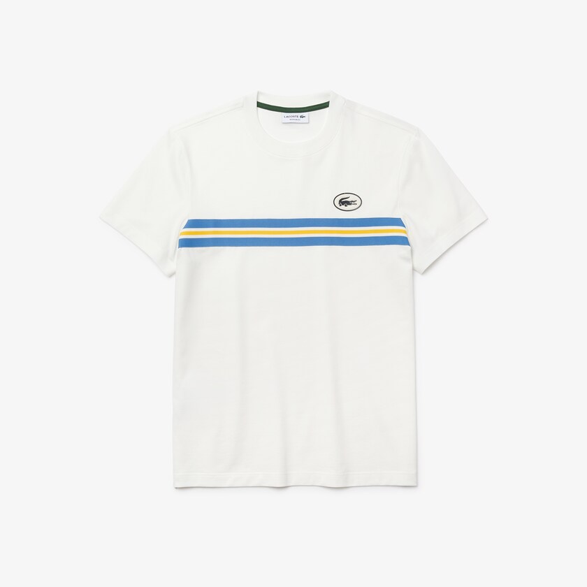 Men's Lacoste White T Shirts Heritage Stripe Cotton CK9-81438P4