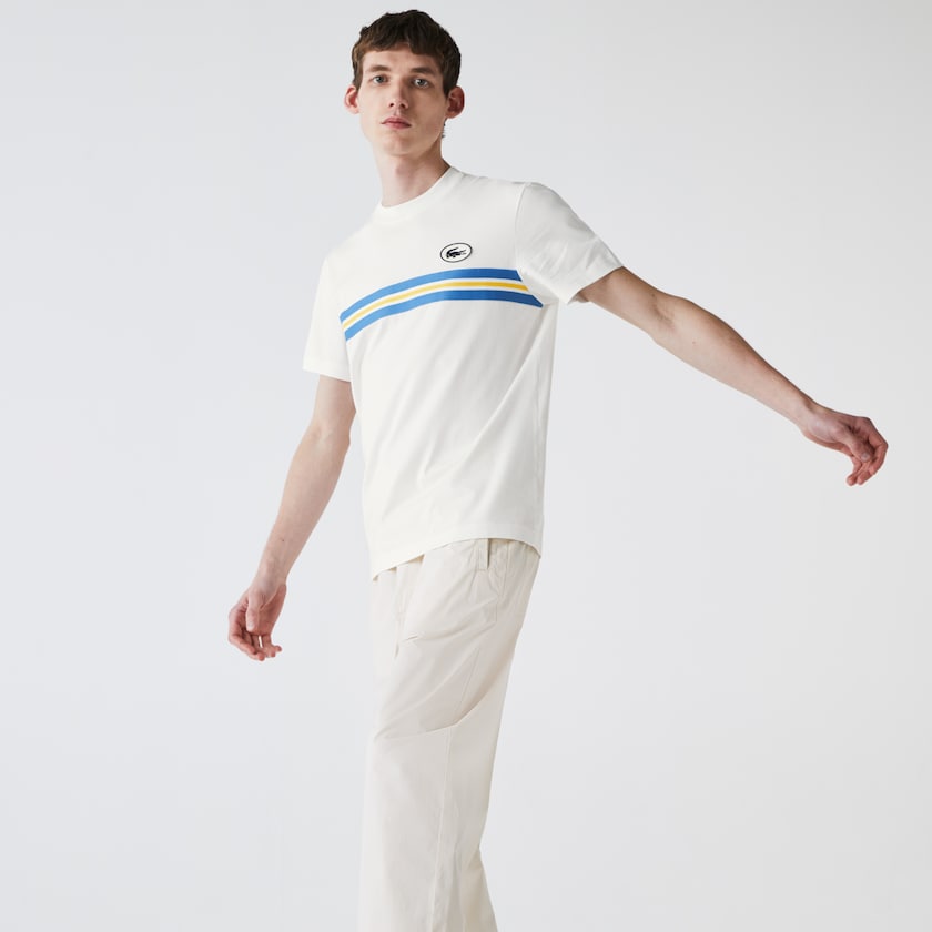 Men's Lacoste White T Shirts Heritage Stripe Cotton CK9-81438P4