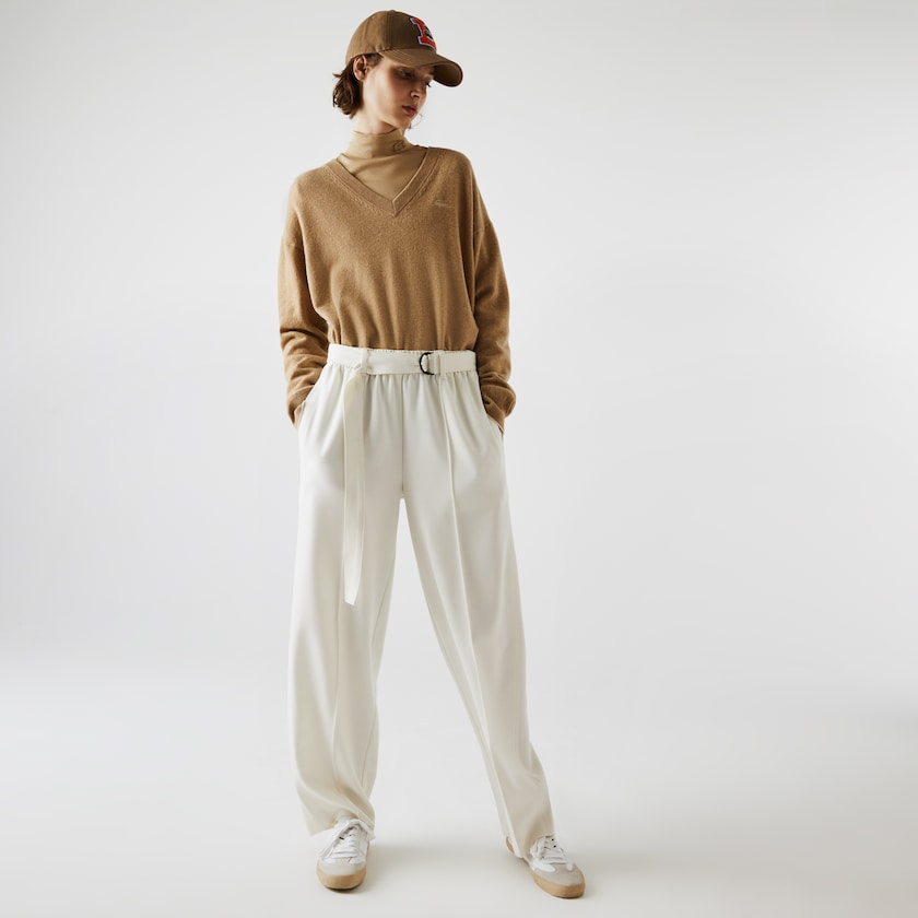 Women's Lacoste White Pants High-Waisted Flared Wool Blend AZ8-38303T8