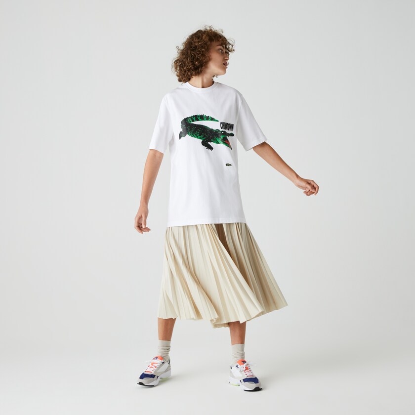 Women's Lacoste White T Shirts LIVE Chinatown Market Collaboration Cotton YT2-23322J6