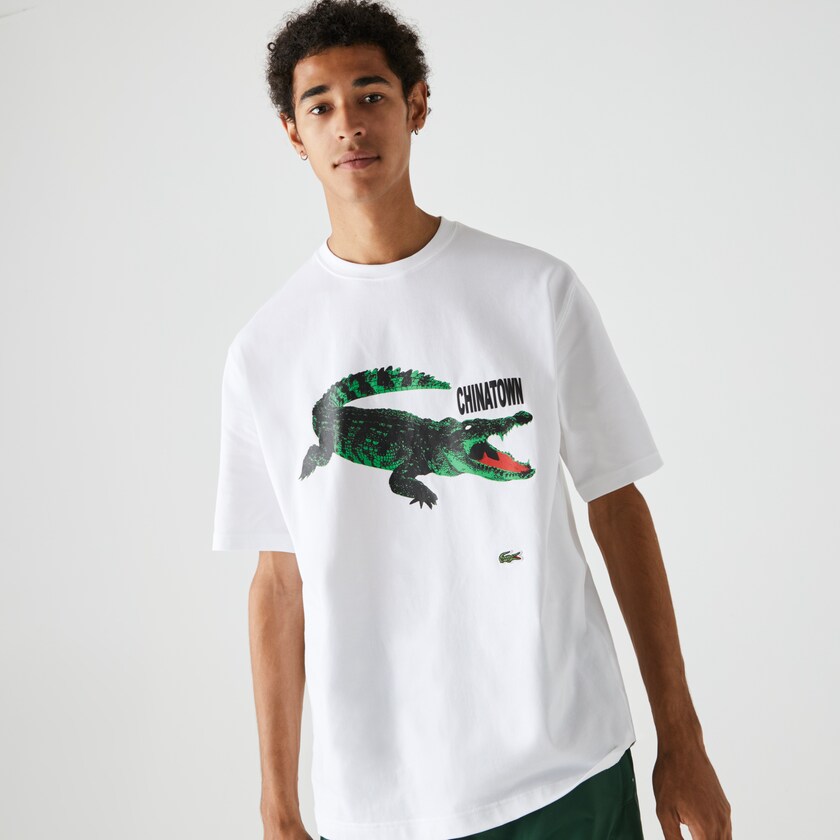 Women's Lacoste White T Shirts LIVE Chinatown Market Collaboration Cotton YT2-23322J6
