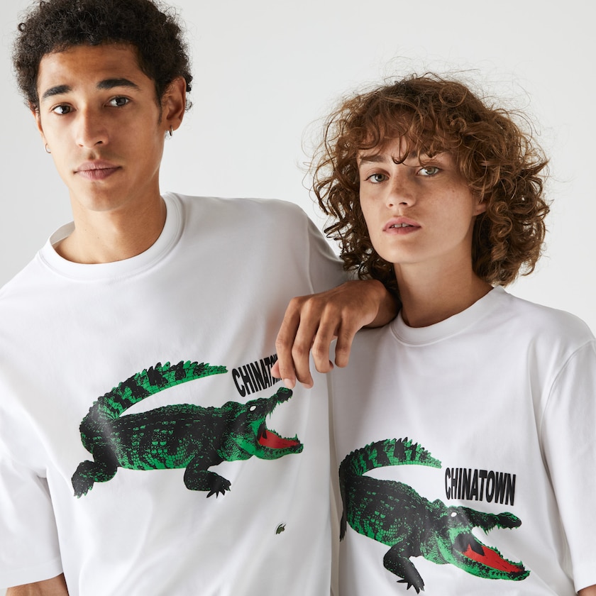 Women's Lacoste White T Shirts LIVE Chinatown Market Collaboration Cotton YT2-23322J6