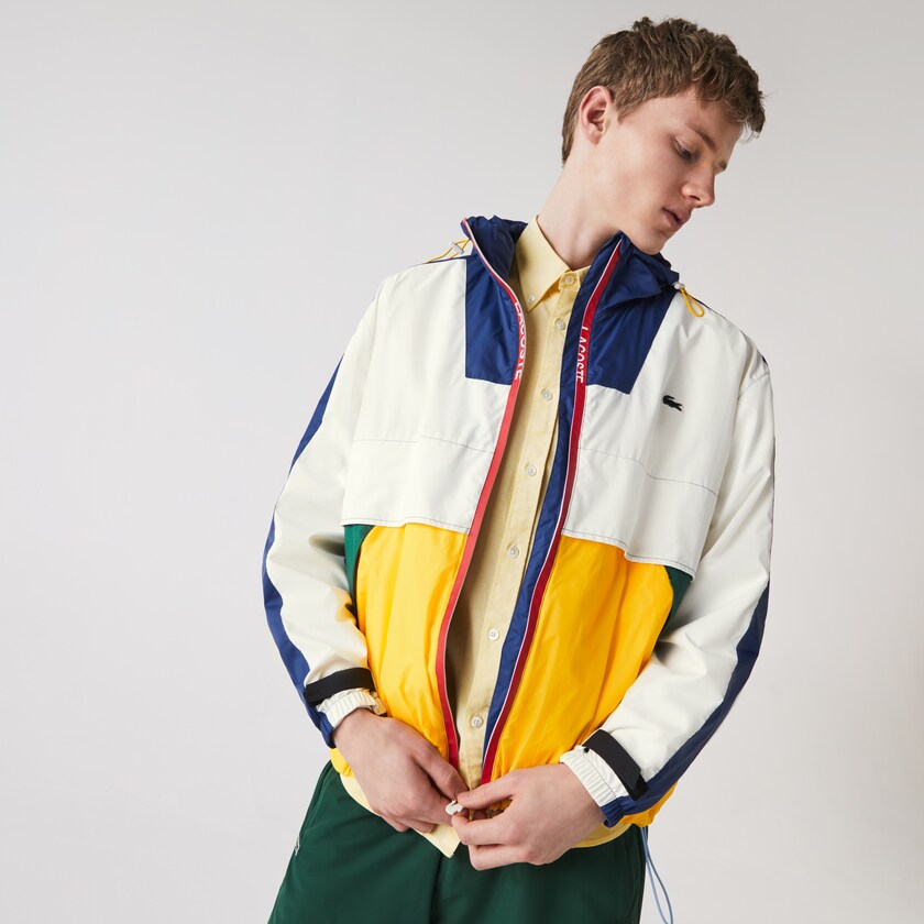 Men's Lacoste White Windbreaker LIVE Hooded Zippered Colorblock PE4-24102O7