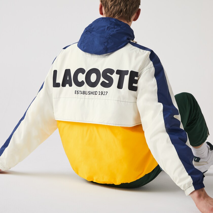 Men's Lacoste White Windbreaker LIVE Hooded Zippered Colorblock PE4-24102O7