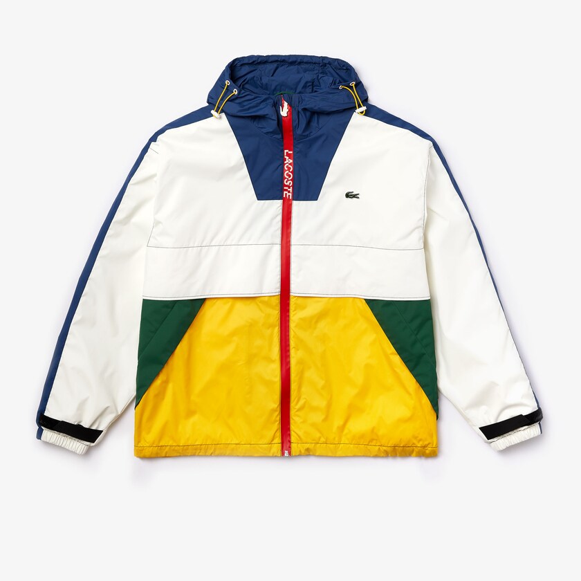 Men's Lacoste White Windbreaker LIVE Hooded Zippered Colorblock PE4-24102O7