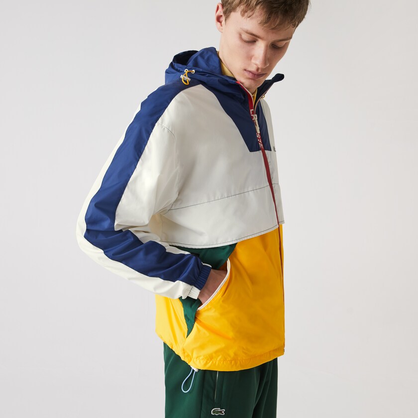 Men's Lacoste White Windbreaker LIVE Hooded Zippered Colorblock PE4-24102O7