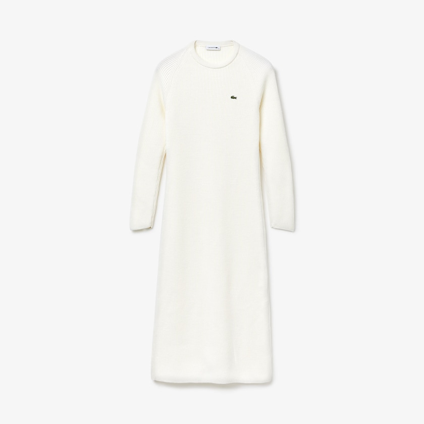 Women's Lacoste White Dress Long Ribbed Wool Blend Sweater AJ7-24872T4
