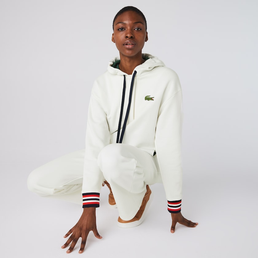 Women's Lacoste White Sweatshirts Made In France Hooded Organic Cotton Fleece SM7-23992G4