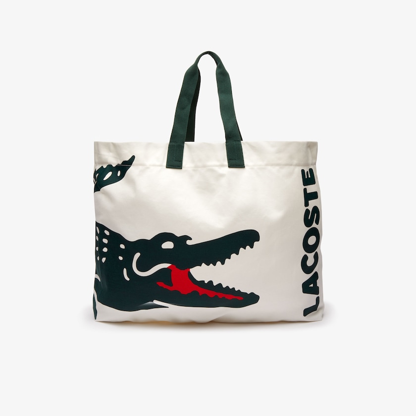 Women's Lacoste White Tote Bags Oversized Crocodile Print Cotton Large JF9-25542F5