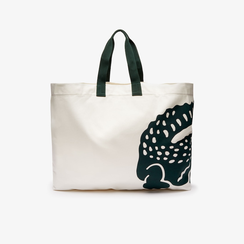 Women's Lacoste White Tote Bags Oversized Crocodile Print Cotton Large JF9-25542F5