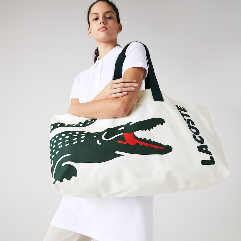 Women's Lacoste White Tote Bags Oversized Crocodile Print Cotton Large JF9-25542F5