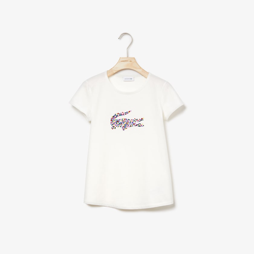 Kids' Lacoste White T Shirts Polka Dot Print Crocodile Cotton MO0-53985Y8