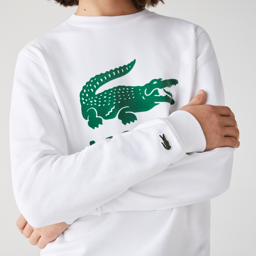 Men's Lacoste White Sweatshirts Printed Logo Fleece Crew Neck IQ5-94829M6