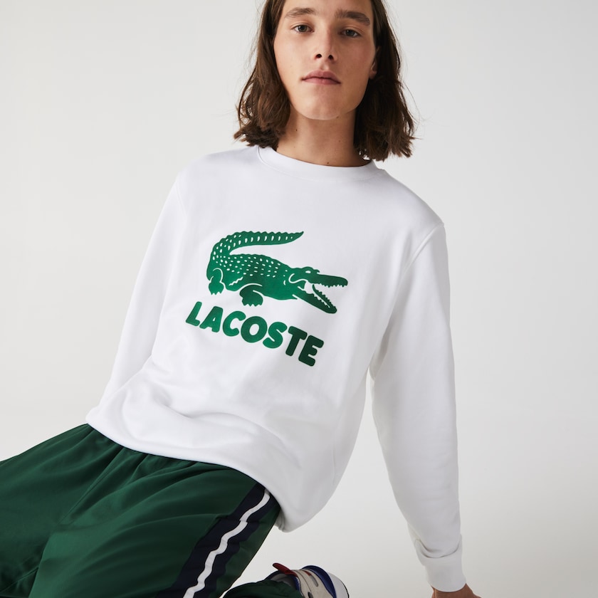 Men's Lacoste White Sweatshirts Printed Logo Fleece Crew Neck IQ5-94829M6