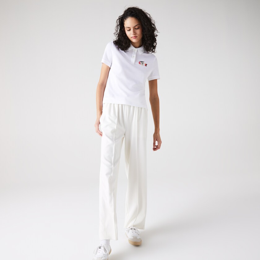 Women's Lacoste White Polo Shirts Regular Fit Colored Crocodile Flowy Piqué BB0-28032R4