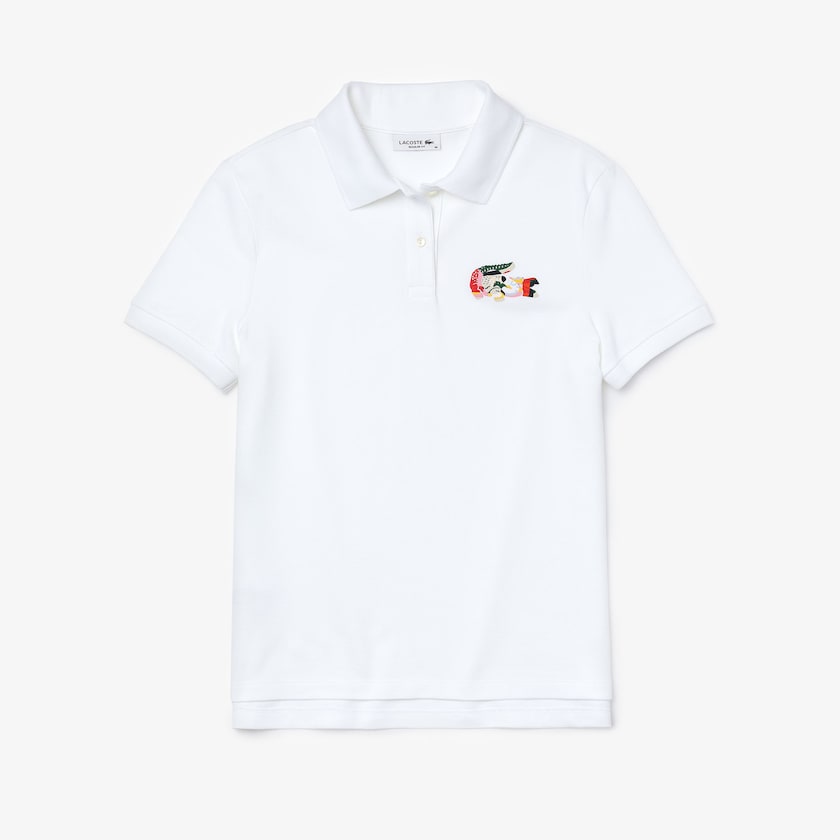 Women's Lacoste White Polo Shirts Regular Fit Colored Crocodile Flowy Piqué BB0-28032R4
