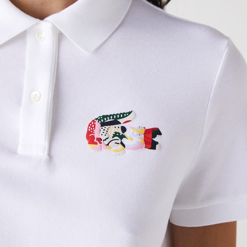 Women's Lacoste White Polo Shirts Regular Fit Colored Crocodile Flowy Piqué BB0-28032R4
