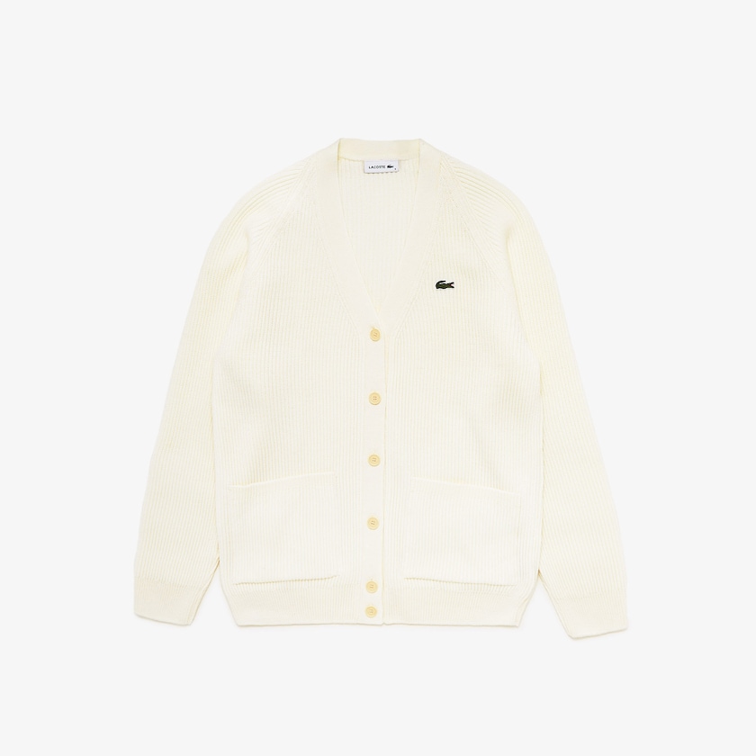Women's Lacoste White Sweaters Ribbed Wool Blend V-neck Cardigan CK4-33213M8