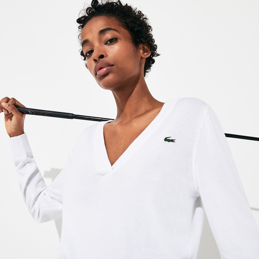 Women's Lacoste White Sweaters SPORT V-neck HZ2-87178E8