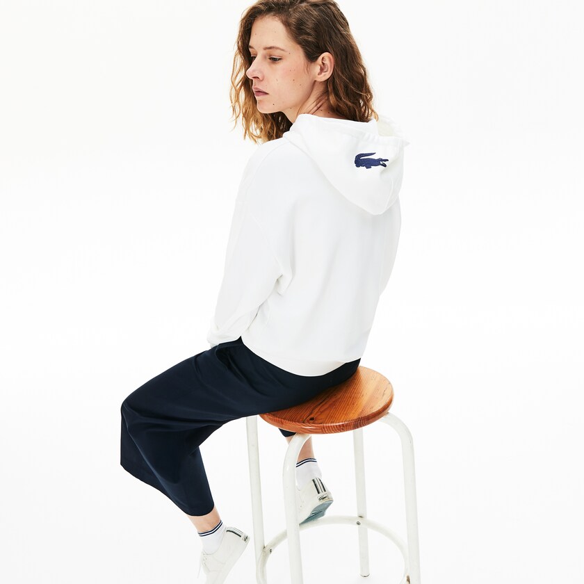 Women's Lacoste White Sweatshirts Signature Wide Hooded Fleece RI7-44484V5