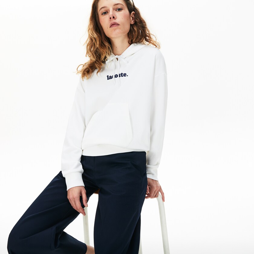 Women's Lacoste White Sweatshirts Signature Wide Hooded Fleece RI7-44484V5