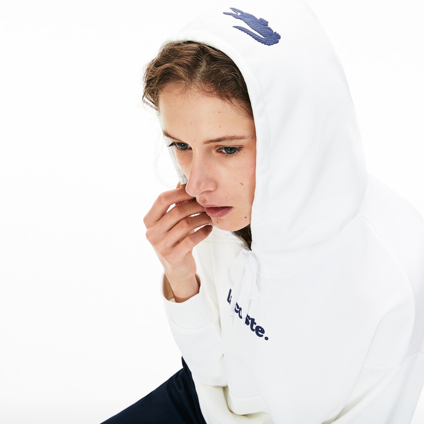 Women's Lacoste White Sweatshirts Signature Wide Hooded Fleece RI7-44484V5
