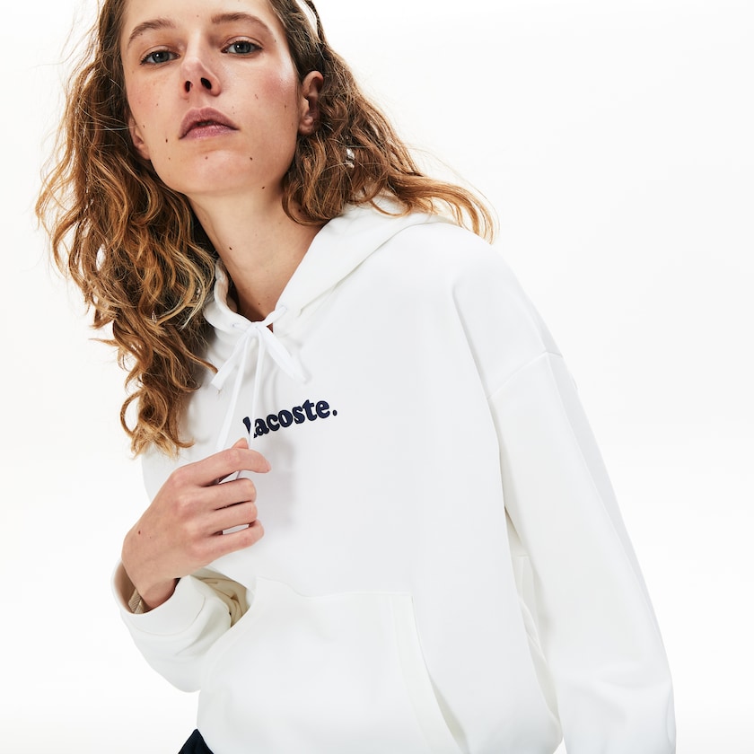 Women's Lacoste White Sweatshirts Signature Wide Hooded Fleece RI7-44484V5