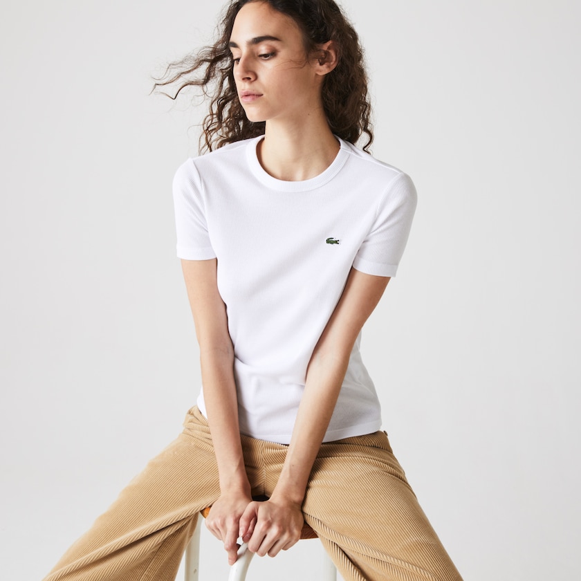 Women's Lacoste White T Shirts Soft Cotton Crew Neck BN2-40734F8