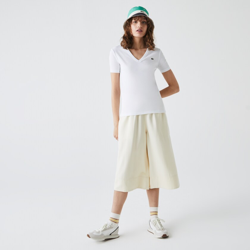 Women's Lacoste White T Shirts Soft Cotton V-Neck EB3-97389N8
