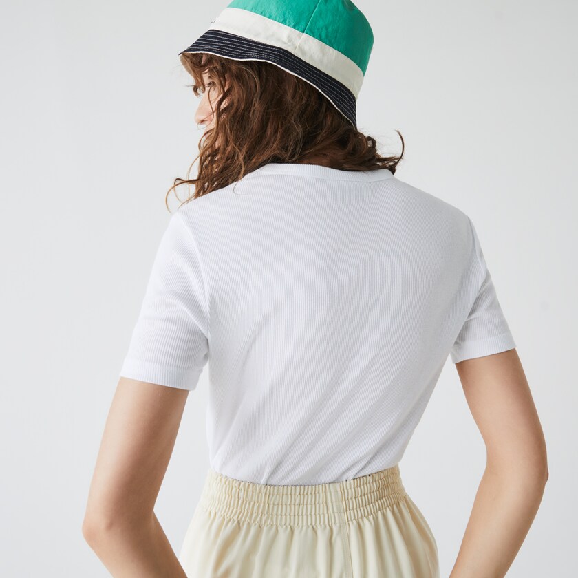 Women's Lacoste White T Shirts Soft Cotton V-Neck EB3-97389N8