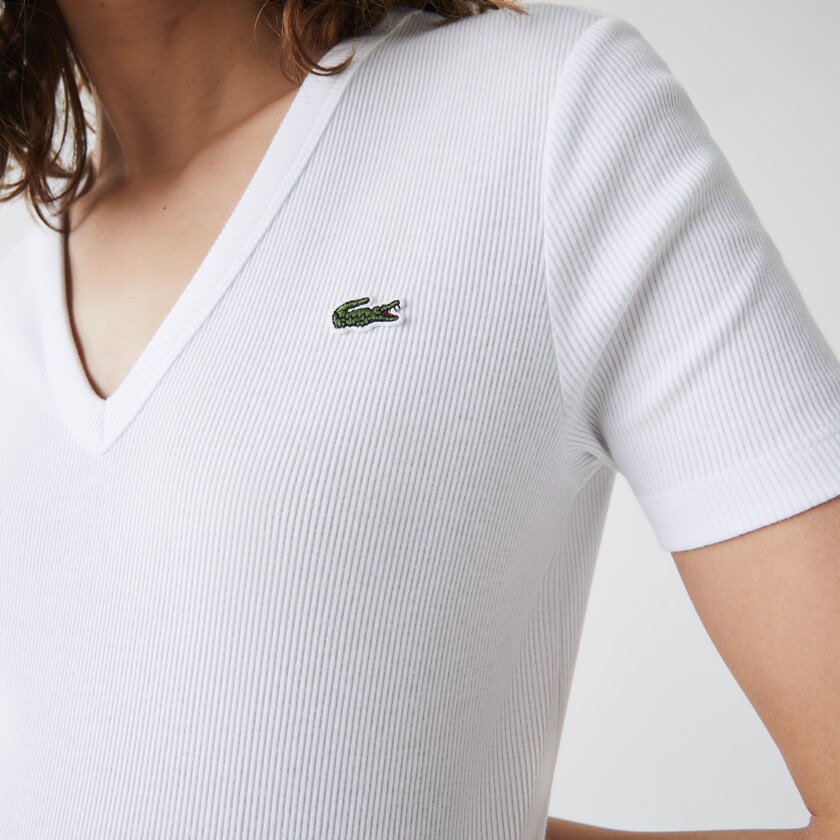 Women's Lacoste White T Shirts Soft Cotton V-Neck EB3-97389N8